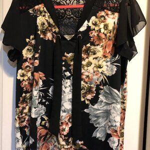 Black Flora Blouse with Lace Trim Size L